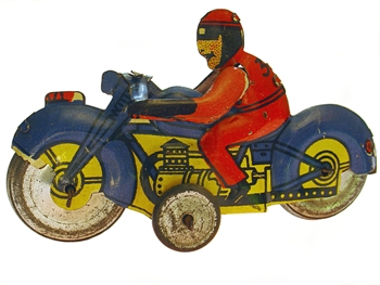 Featured is a photo of a scarce motorcycle-themed tin litho toy. Photographer unknown.